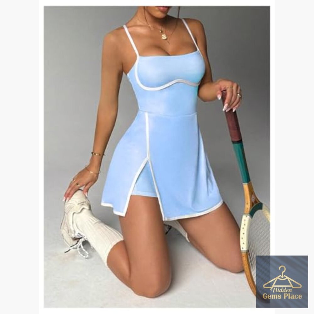Polyester Tennis Dress with Built-in Shorts Bra Adjustable Straps - Picture 4 of 6